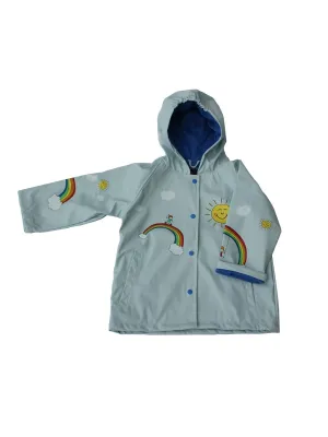 Big Girls Light Blue Multi Color Rainbow Print Hooded Rain Coat 8-10