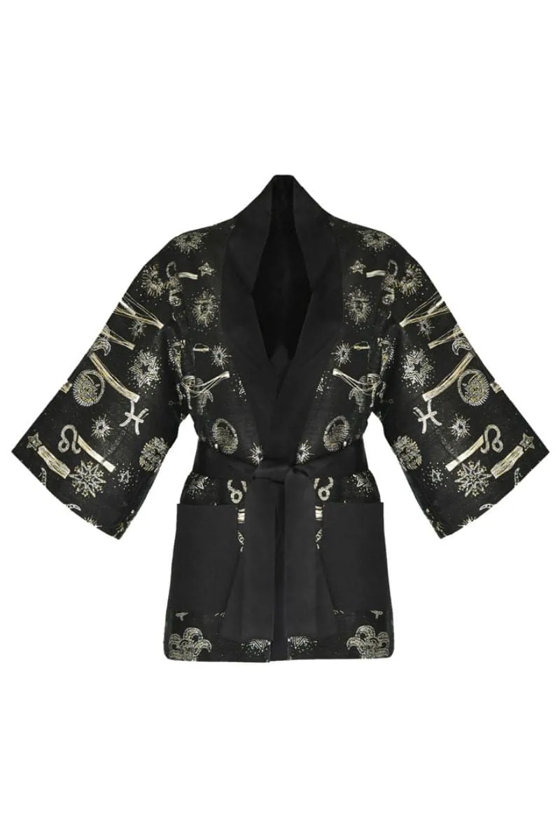 BLACK HANDMADE JACQUARD ZODIAC KIMONO