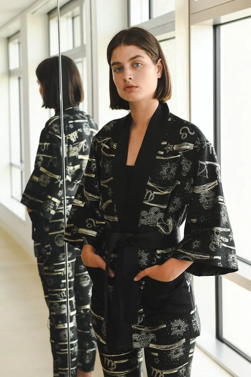 BLACK HANDMADE JACQUARD ZODIAC KIMONO