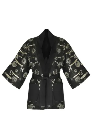 BLACK HANDMADE JACQUARD ZODIAC KIMONO