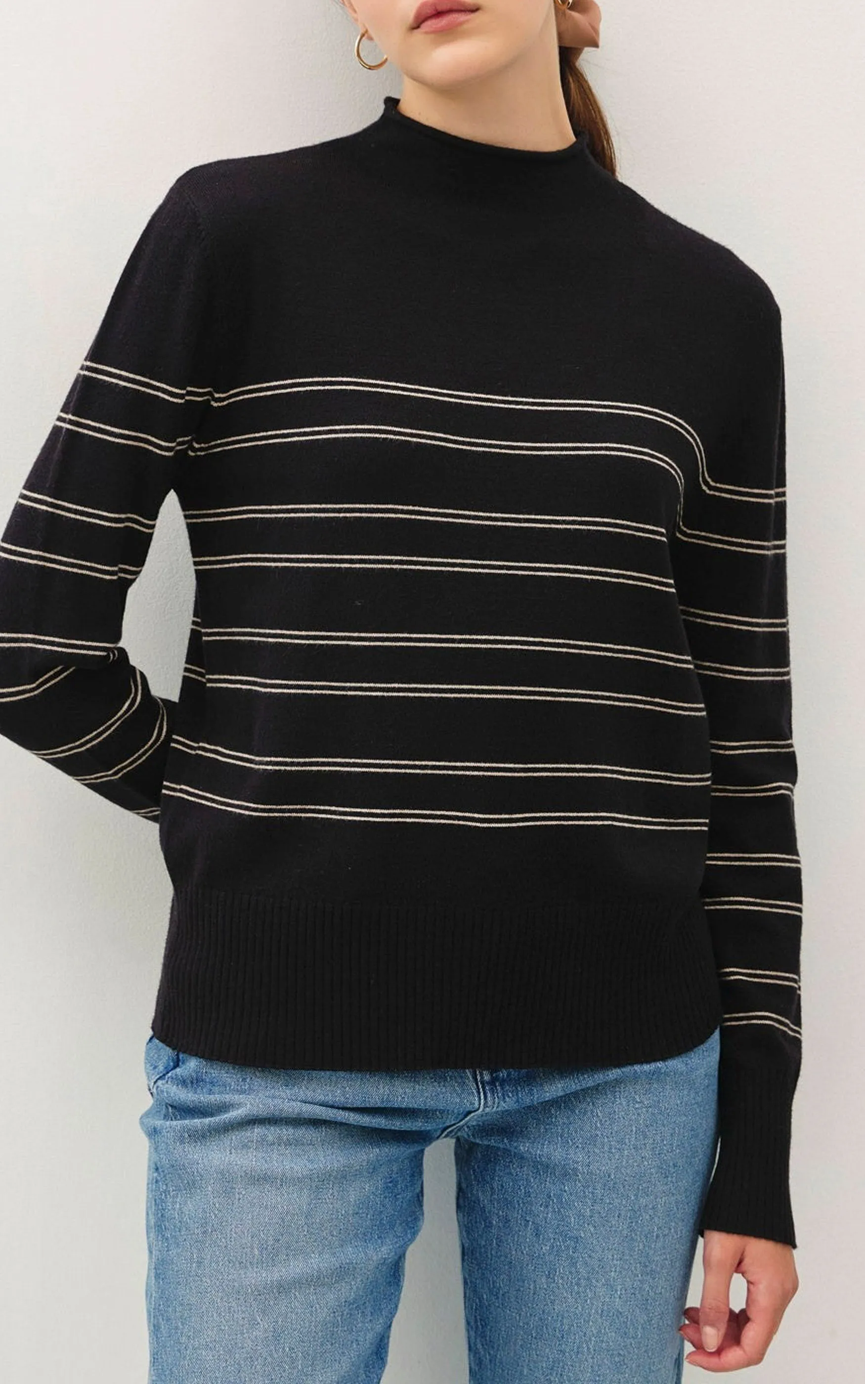 Black Thin Double Stripe Mock Neck Sweater