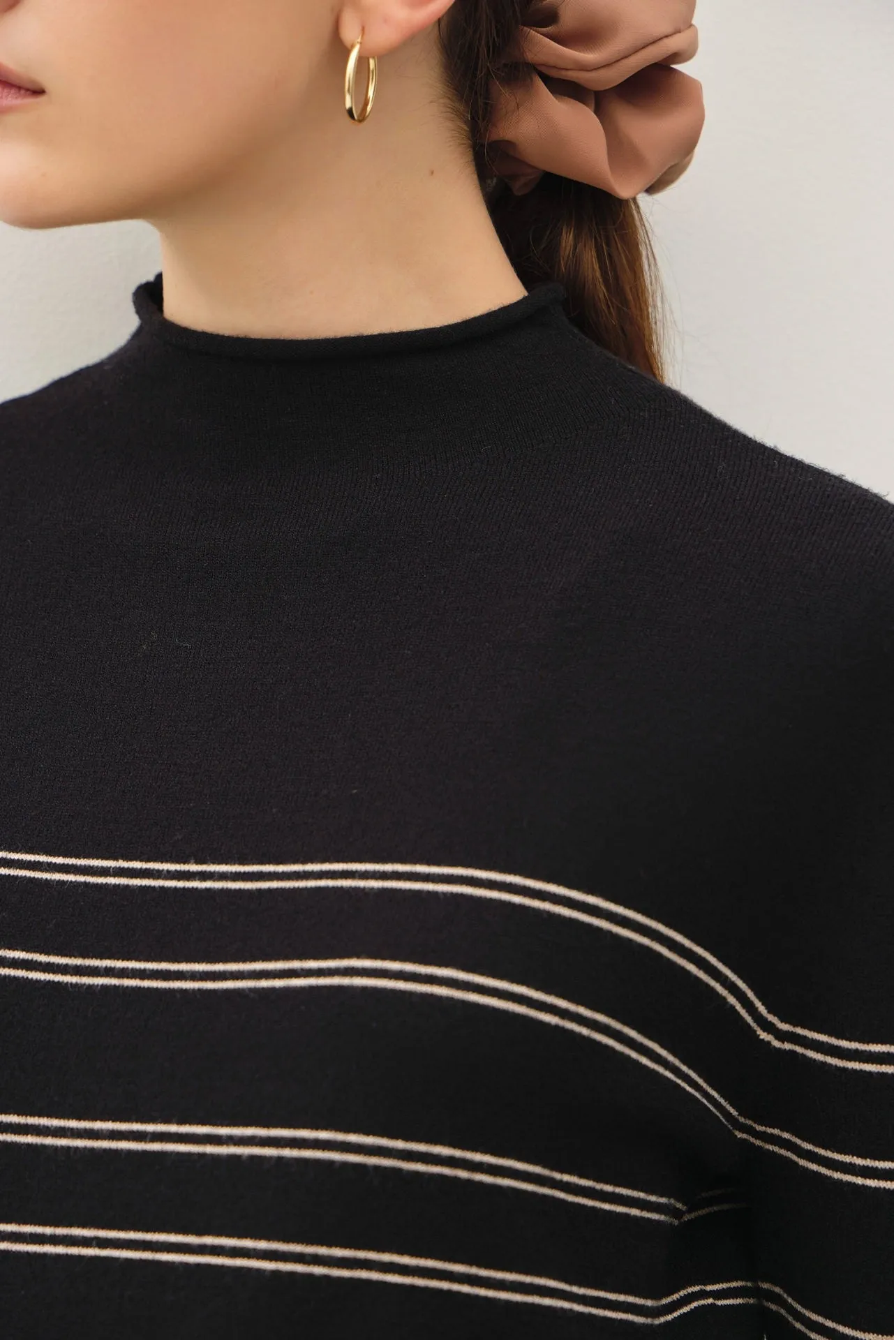 Black Thin Double Stripe Mock Neck Sweater