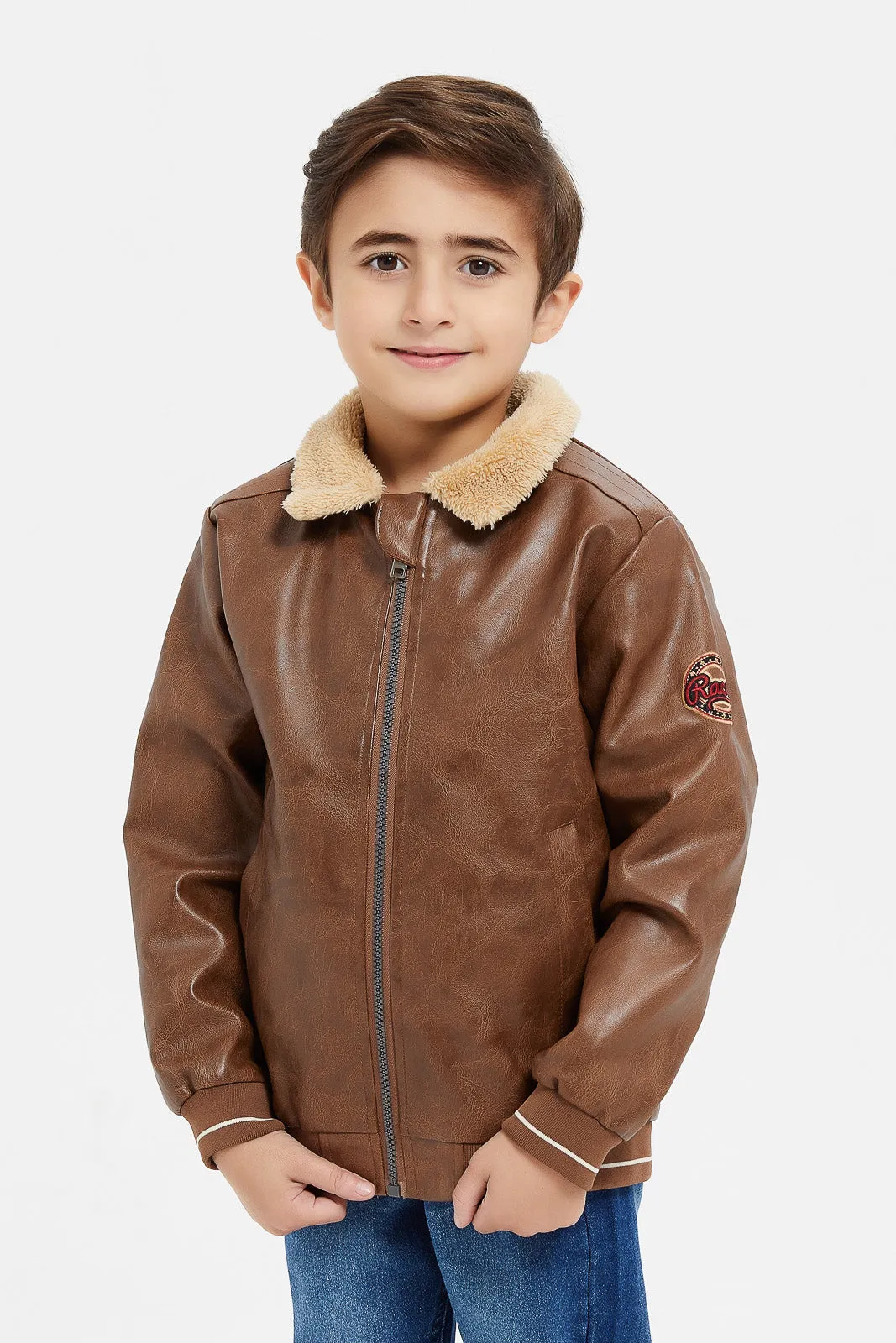 Boys Brown Sherpa Collar Jacket