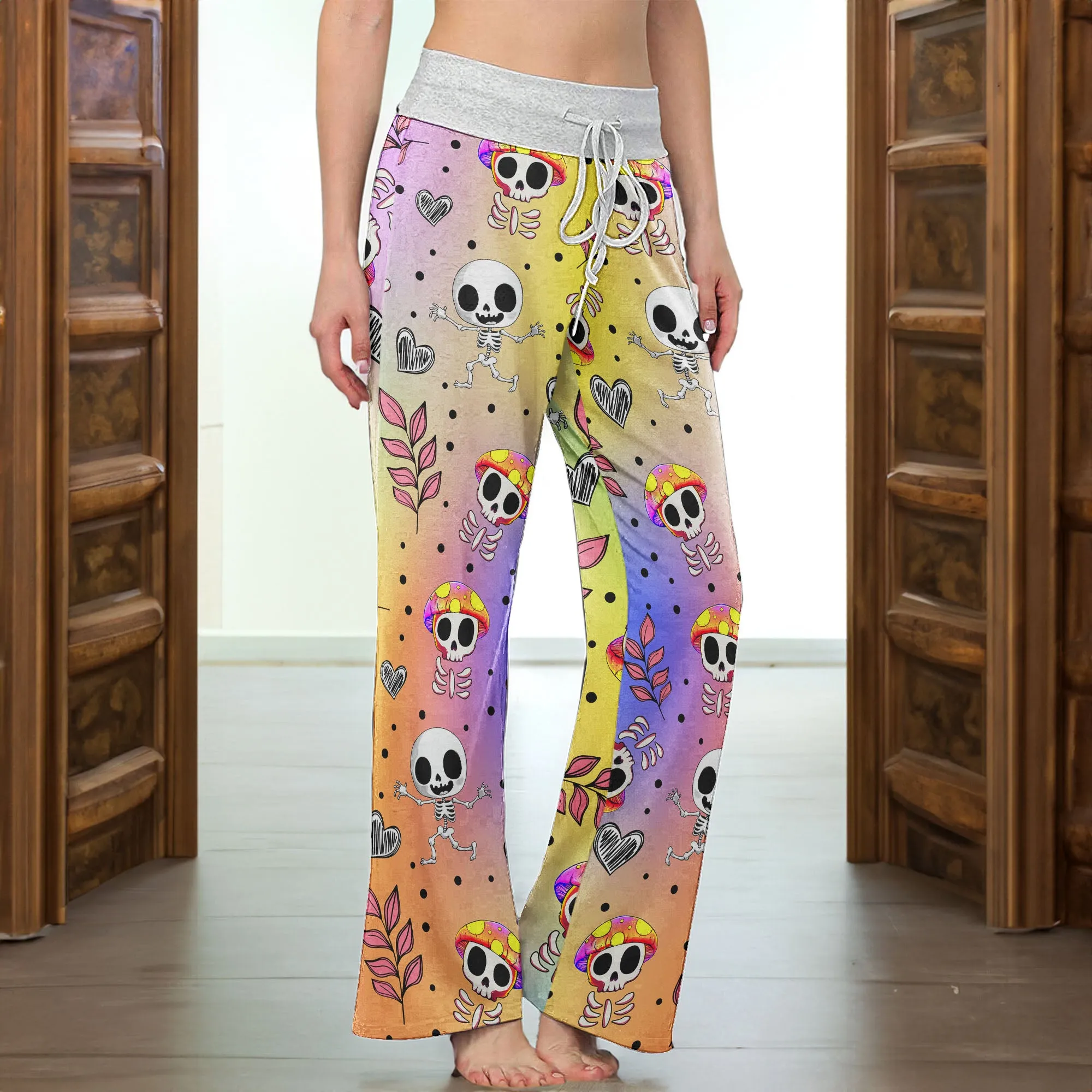 Colorful Mushroom Skull Women's High-waisted Wide Leg Pants