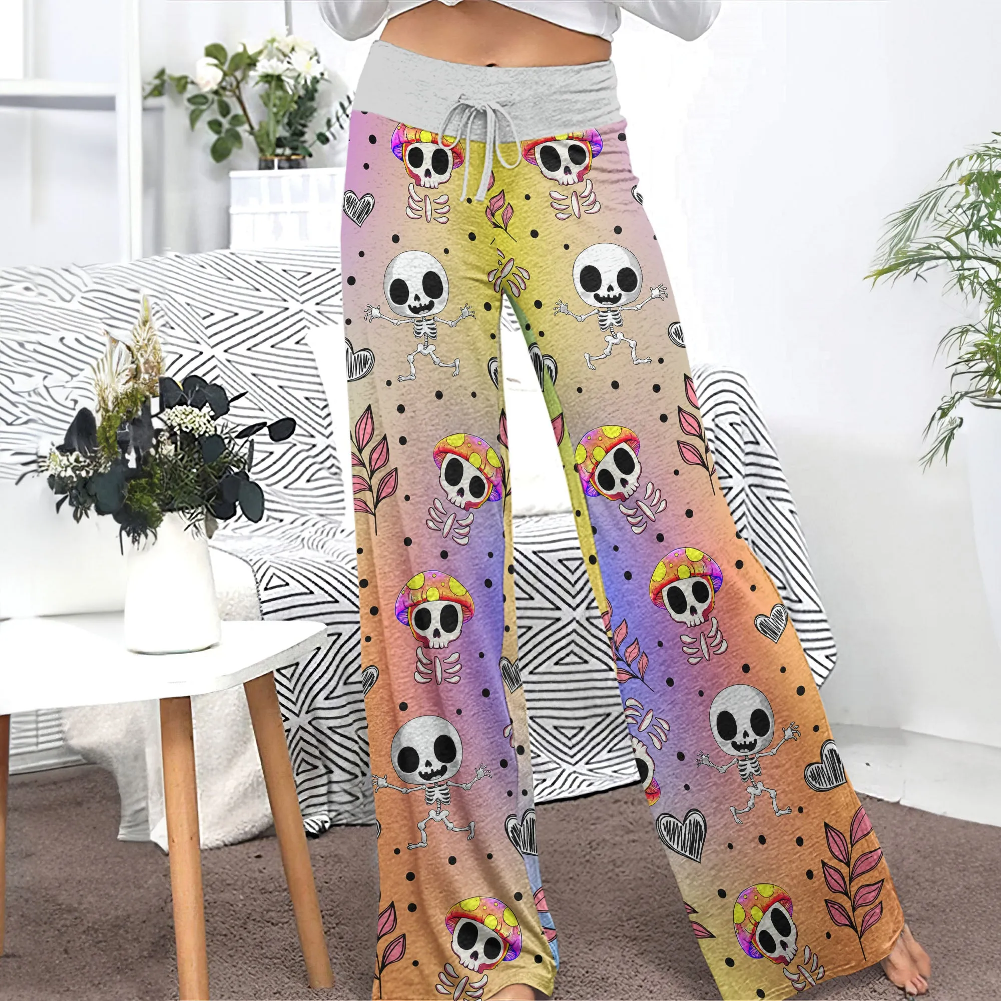 Colorful Mushroom Skull Women's High-waisted Wide Leg Pants