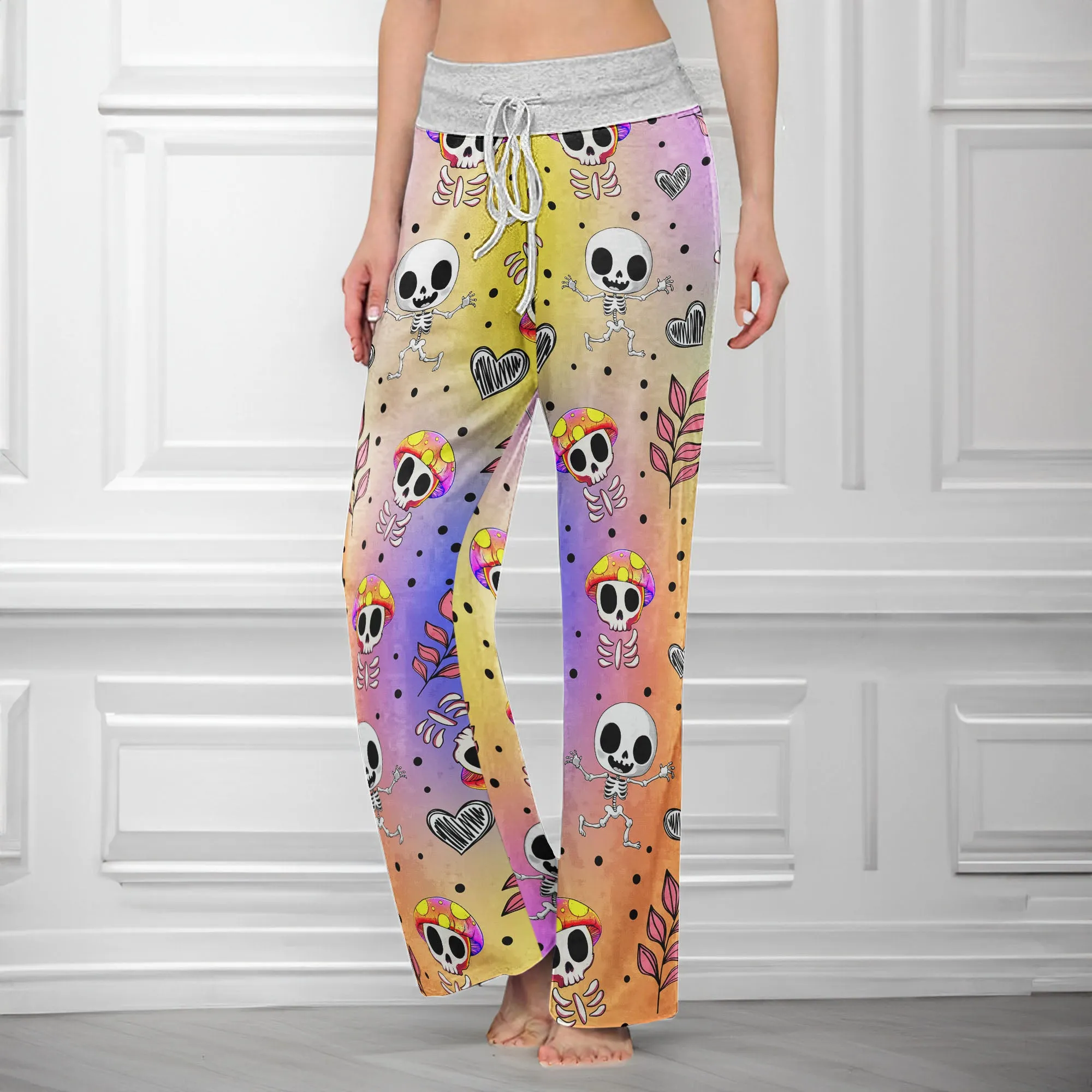 Colorful Mushroom Skull Women's High-waisted Wide Leg Pants