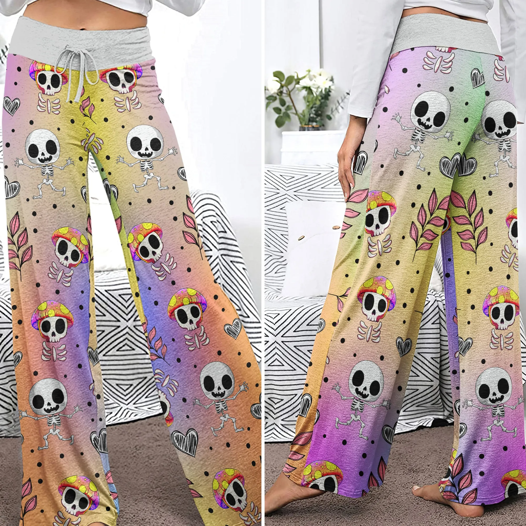 Colorful Mushroom Skull Women's High-waisted Wide Leg Pants