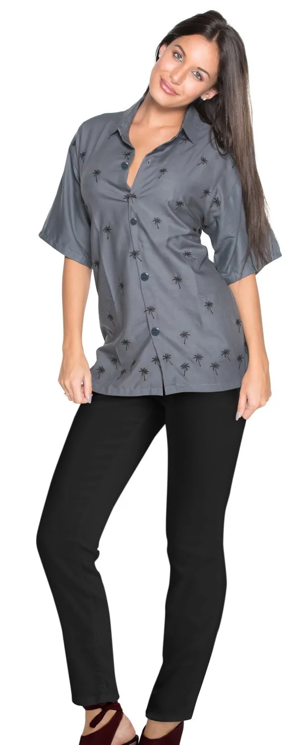 LA LEELA Women's Beach Casual Hawaiian Blouse Short Sleeve button Down Shirt Grey