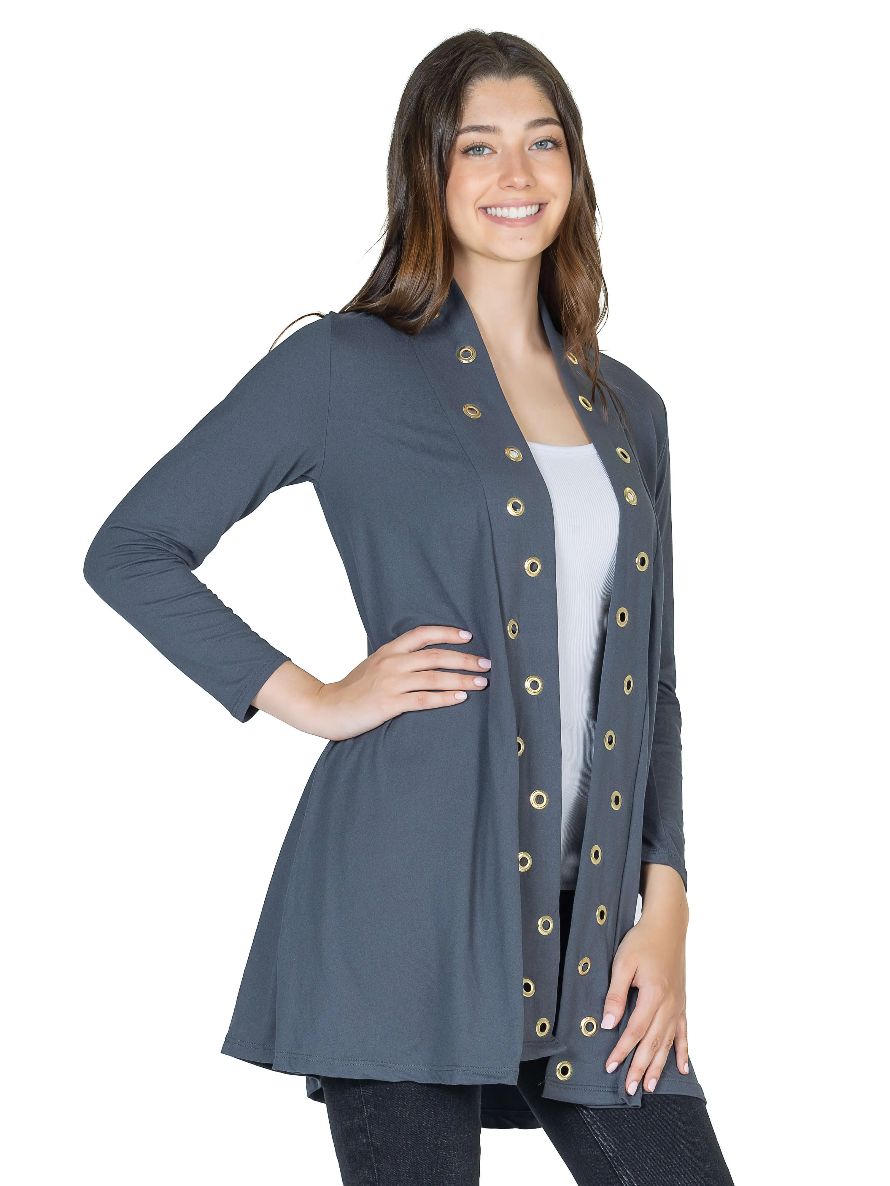 Long Sleeve Mid Thigh Open Front Cardigan with Grommet Details