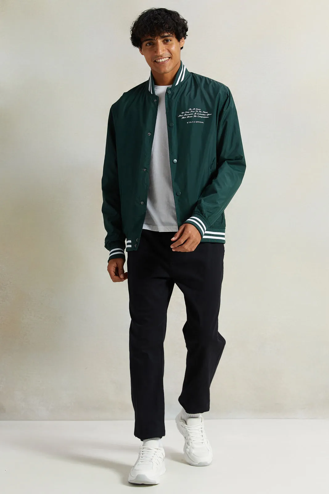 Men Olive Varsity Wind Printed Jacket