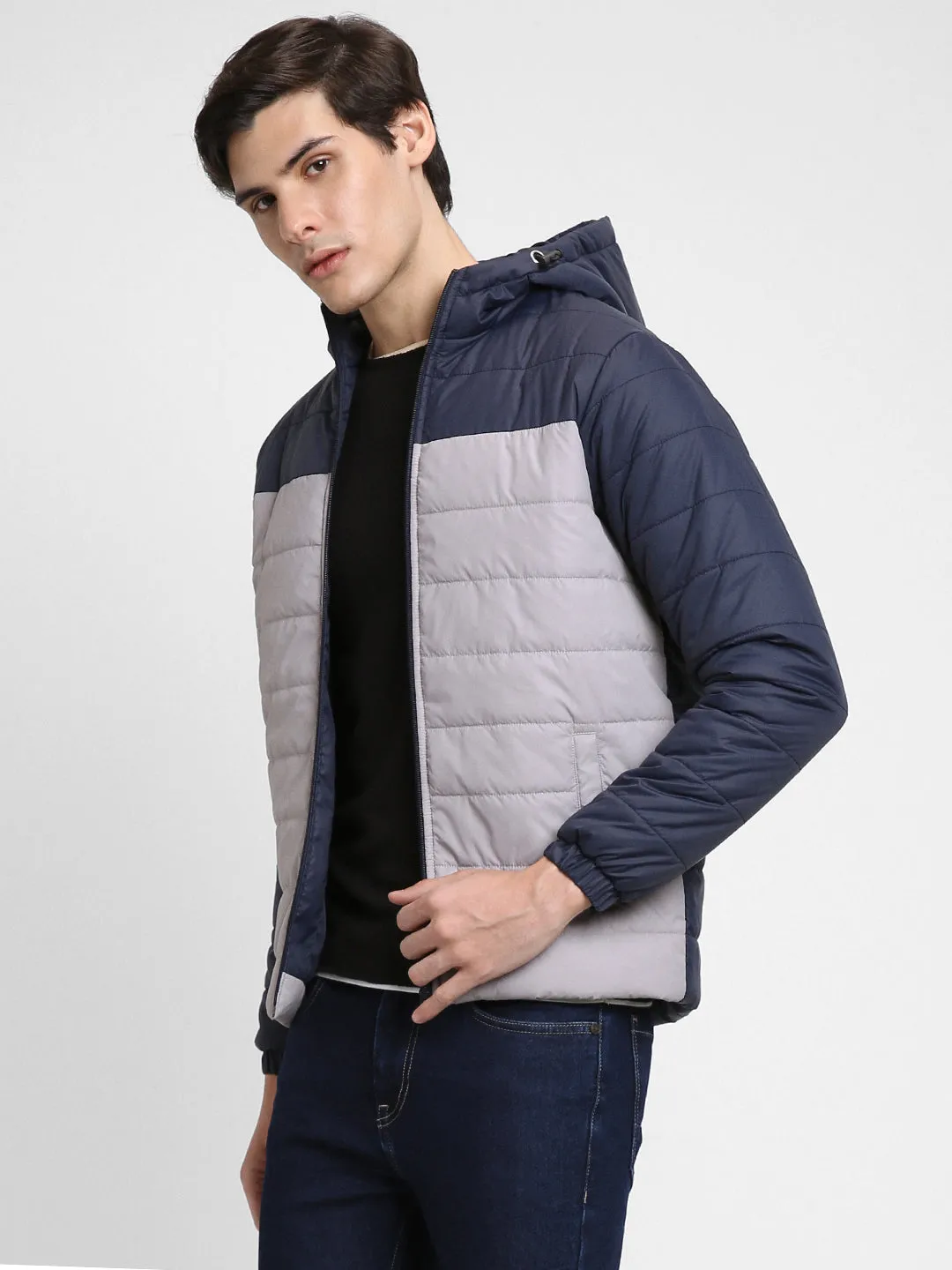 Men's Hooded Regular Fit Colorblock Light Grey Jackets