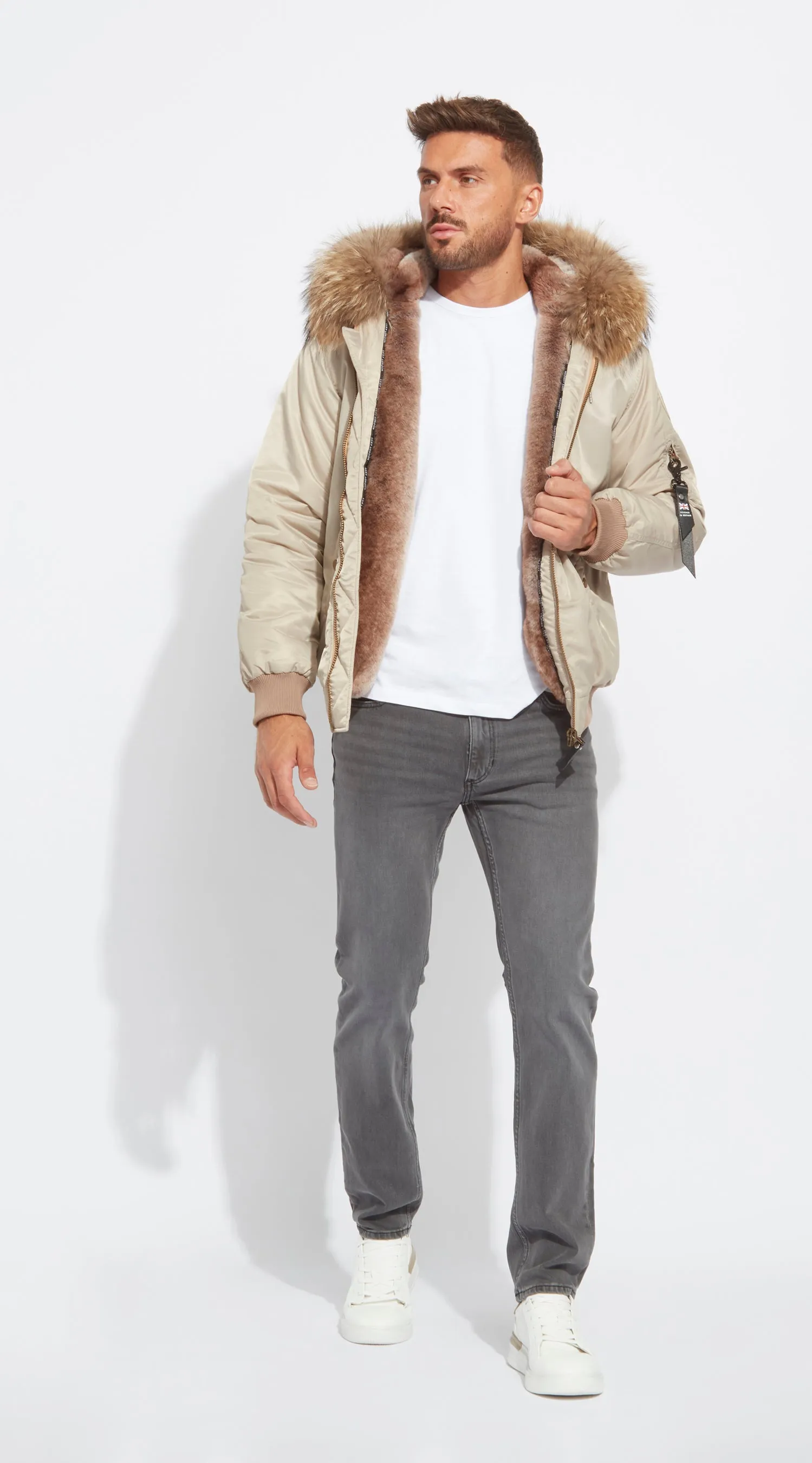 Mens Nude Luxy Fur Bomber - Natural