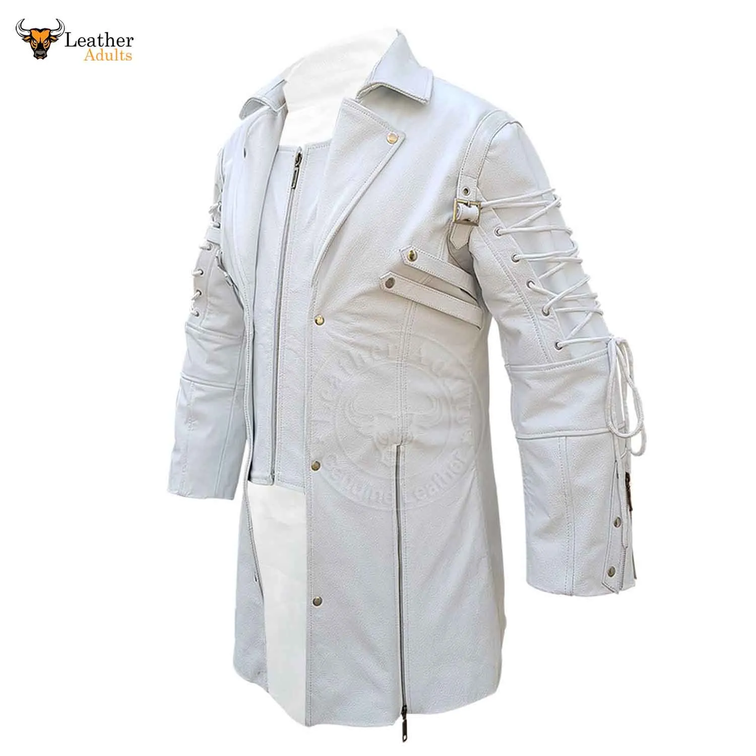 Mens REAL White Leather Goth Matrix Trench Coat Steampunk Gothic T18 WHITE