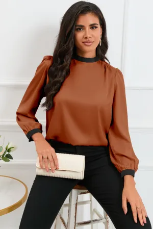 Satin Carmel and black tie blouse