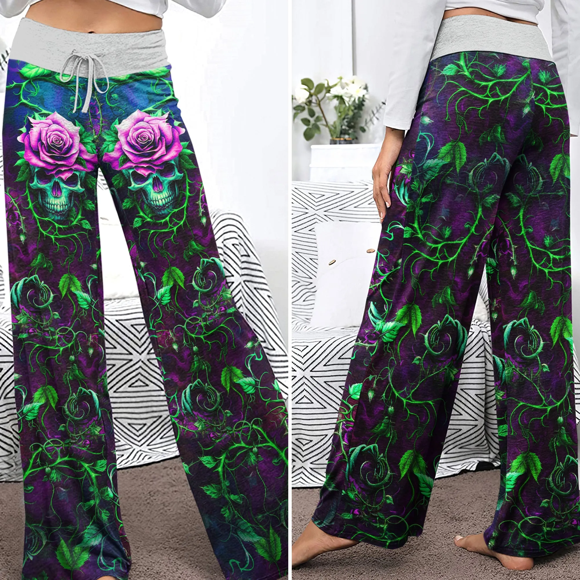 Skull Rose Thorn Art  Women's High-waisted Wide Leg Pants