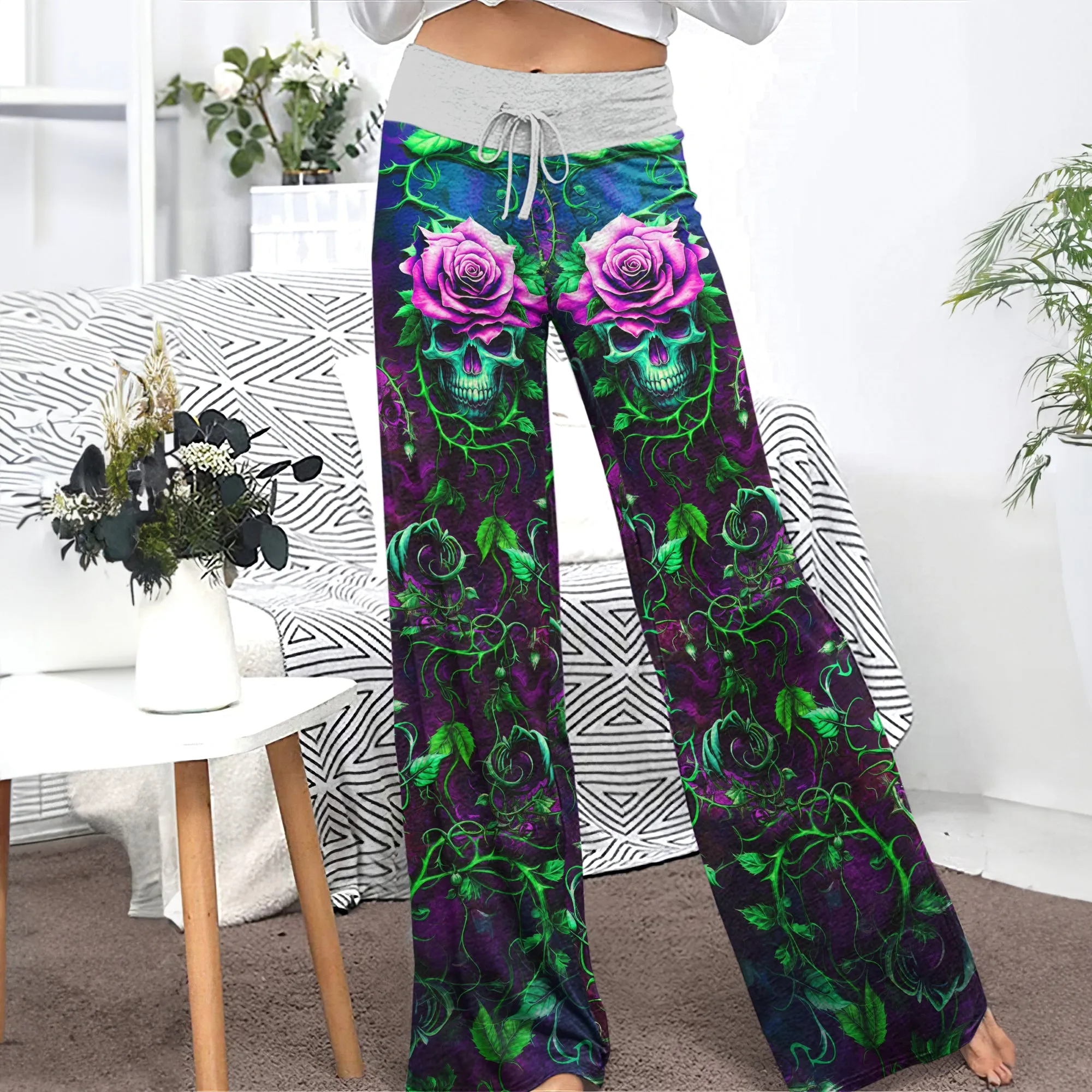 Skull Rose Thorn Art  Women's High-waisted Wide Leg Pants