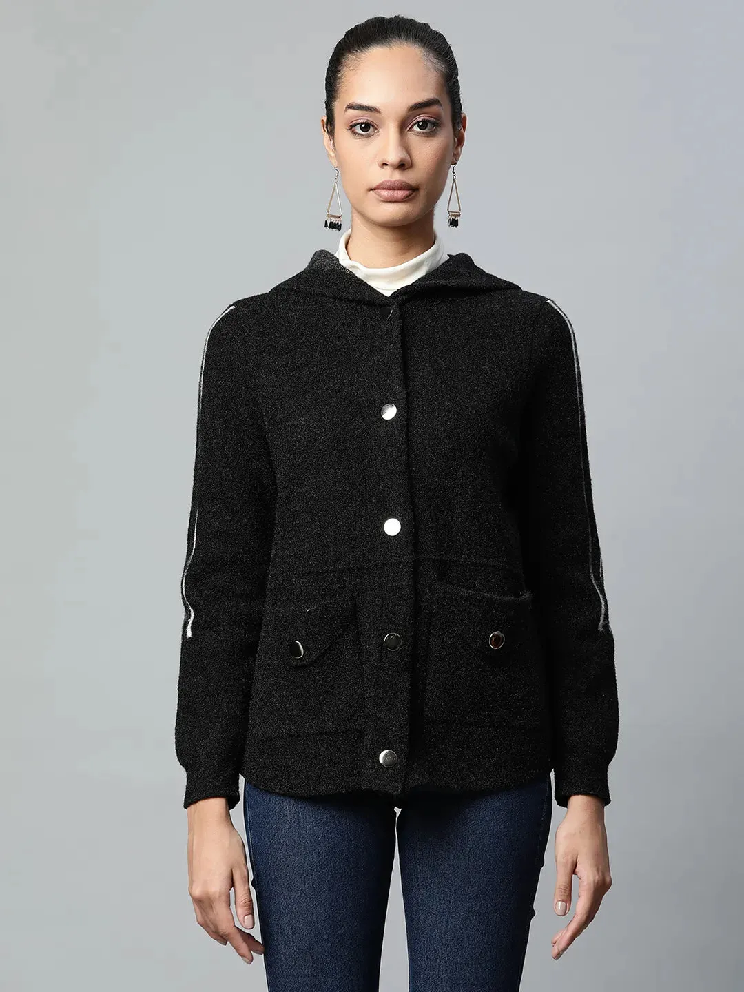 Women Black Full Sleeves Regular Fit Hooded Jacket