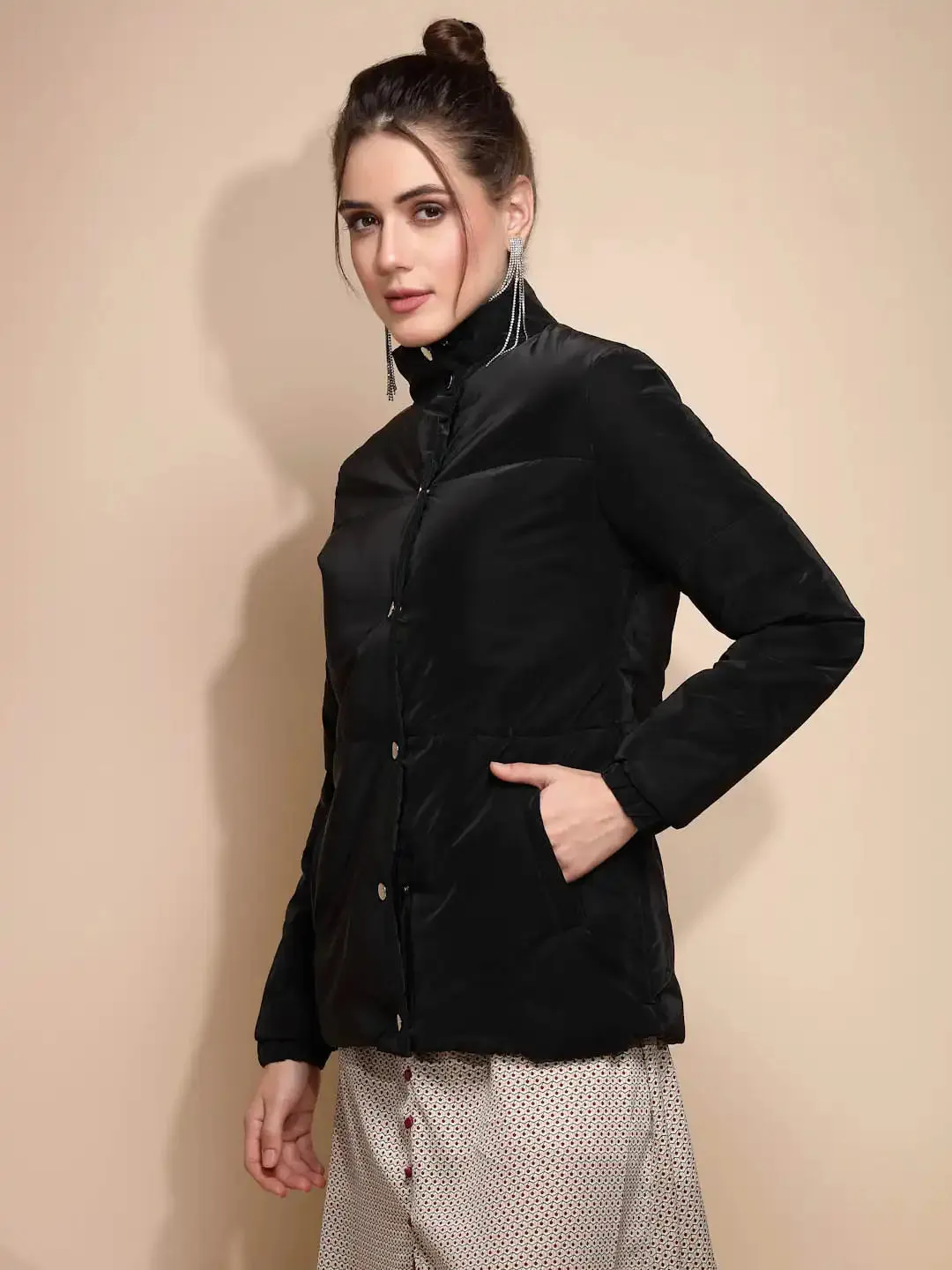 Women's Solid Turtle Neck Black Jacket