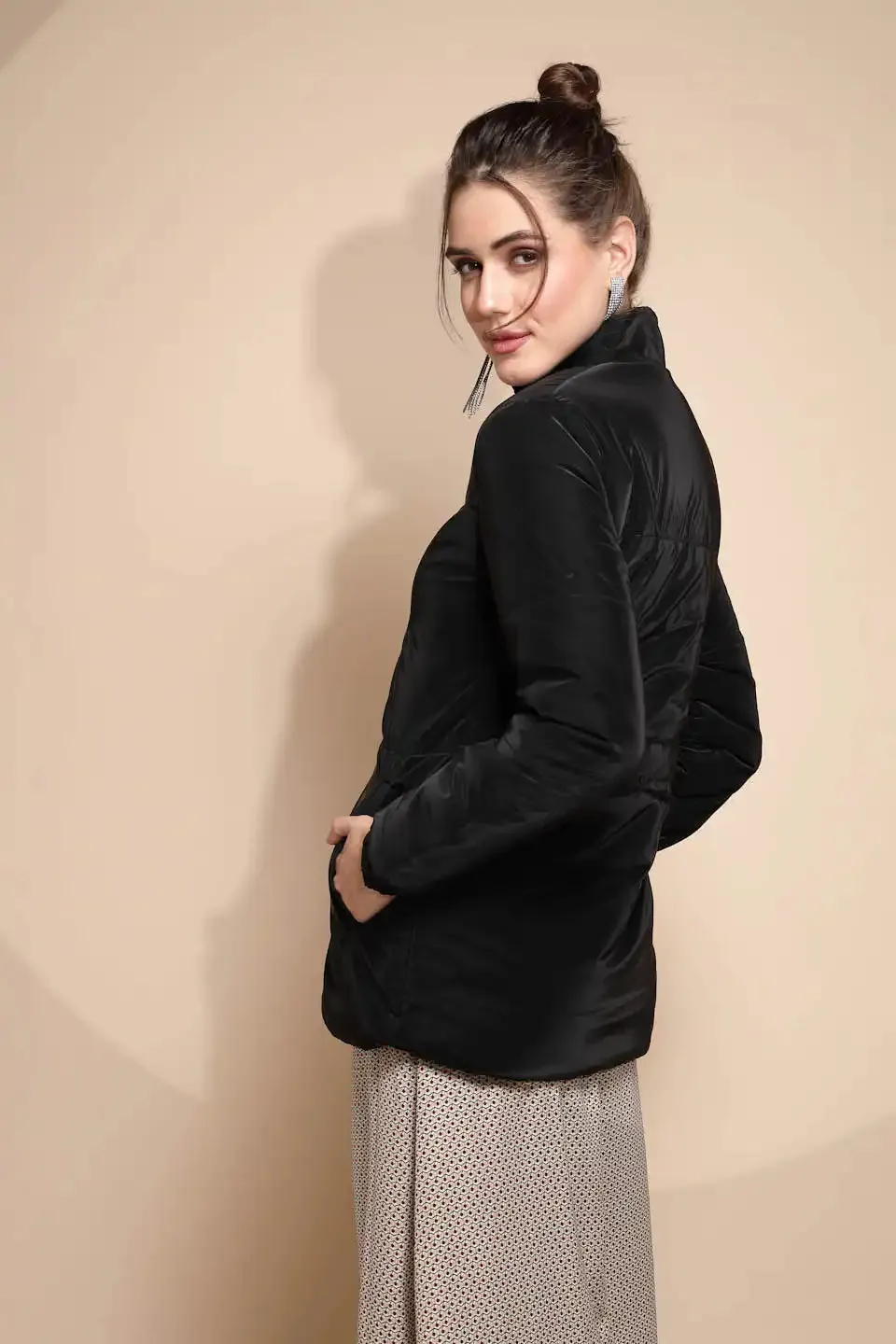 Women's Solid Turtle Neck Black Jacket