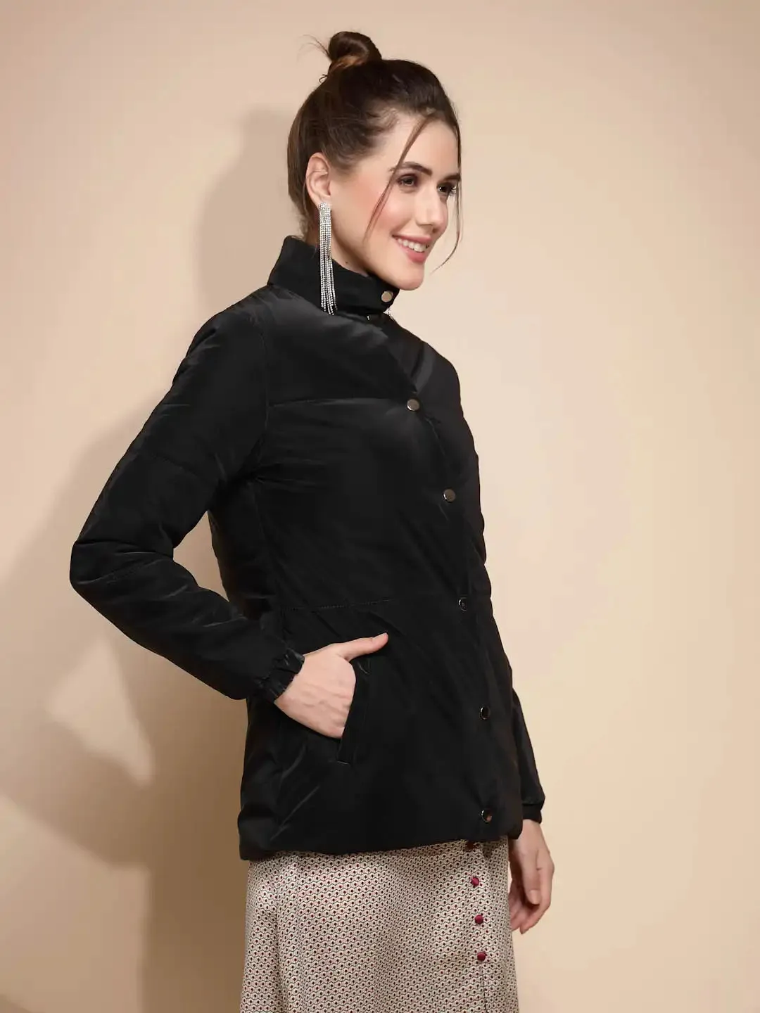 Women's Solid Turtle Neck Black Jacket