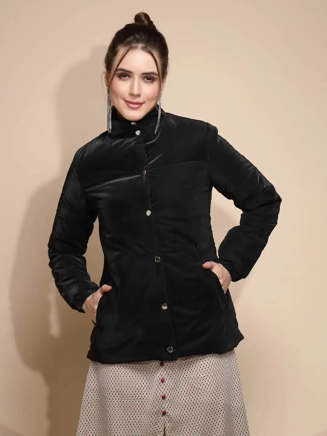 Women's Solid Turtle Neck Black Jacket